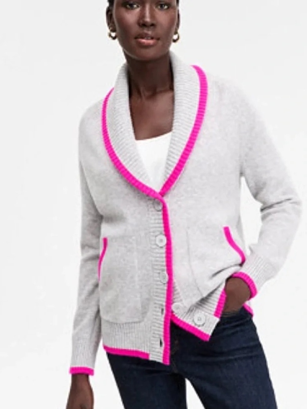 NWT Charter Club 100% Cashmere Gray Shawl Collar Cardigan Pink Trim - Sweater